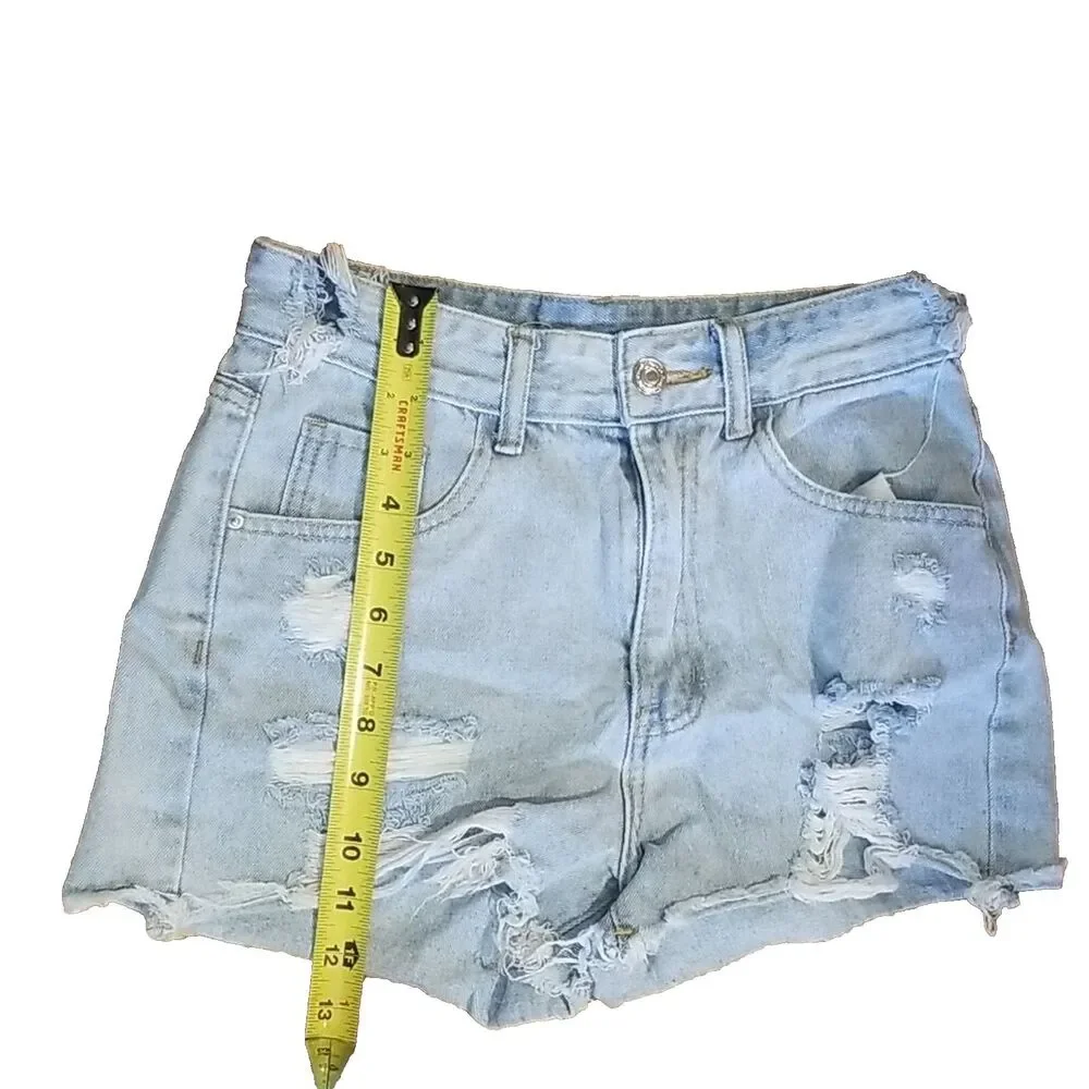 SHEIN High Rise Distressed Denim Shorts 26 Light Wash Cutoff Summer Festival Y2K